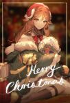  1girl animal_ears arknights black_legwear bow bowtie box brown_eyes brown_hair chinese_commentary eyebrows_visible_through_hair eyjafjalla_(arknights) fur-trimmed_jacket fur_trim gift gift_box green_jacket highres horns jacket kuiqiu_kq long_hair looking_at_viewer merry_christmas off_shoulder red_headwear red_neckwear sheep_ears sheep_horns shirt sitting sketch smile socks solo white_shirt 