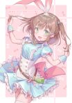  1girl :d bow brown_hair bunny_hair_ornament dress eyebrows_visible_through_hair frilled_cuffs frilled_dress frills green_eyes hair_ornament hirokazu_(analysis-depth) holding holding_hair key light_blue_dress open_mouth pink_bow princess_connect! princess_connect!_re:dive puffy_short_sleeves puffy_sleeves rino_(princess_connect!) short_sleeves short_twintails smile solo thigh-highs twintails wrist_cuffs 