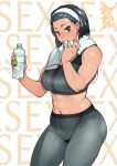  1girl abs background_text black_hair blue_eyes blush bottle commentary_request cowboy_shot hairband holding holding_bottle leggings looking_at_viewer midriff navel neone original solo sports_bra sweat toned towel towel_around_neck water_bottle wet wet_clothes 