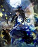 1girl black_hair blue_bow blue_dress bow closed_mouth commentary_request dress fairy_wings feet_out_of_frame frilled_bow frills full_moon hair_bow highres juliet_sleeves kaigen_1025 long_hair long_sleeves looking_at_viewer looking_back moon night night_sky outstretched_arm petticoat puffy_sleeves sky smile solo star_(symbol) star_sapphire touhou tree wide_sleeves wings yellow_eyes 