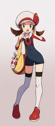  1girl absurdres brown_eyes brown_hair collarbone commentary_request eyelashes full_body hands_up hat hat_ribbon highres holding_strap lyra_(pokemon) open_mouth overalls pokemon pokemon_(game) pokemon_hgss red_footwear ribbon shoes solo thigh-highs tongue twintails white_headwear white_legwear yellow_bag yoshi_(moco1) 