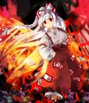  1girl bangs blunt_bangs boots bow closed_mouth collared_shirt commentary_request dutch_angle expressionless eyebrows_behind_hair feet_out_of_frame fire flat_chest floating_hair fujiwara_no_mokou hair_bow hands_in_pockets highres juliet_sleeves kaigen_1025 leaf long_hair long_sleeves looking_ahead maple_leaf ofuda_on_clothes pants puffy_sleeves red_bow red_eyes red_footwear red_pants shirt solo standing suspenders touhou two-tone_bow very_long_hair white_bow white_hair white_shirt 