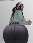  1girl @_@ ass belt black_hair character_request dark_skin denim elf-san_wa_yaserarenai. food_in_mouth glasses grey_background highres huge_ass jeans long_hair mmmmmkun pants pointy_ears ponytail simple_background solo thick_thighs thighs wide_hips 