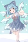  1girl absurdres ahoge aqua_background artist_name bangs blue_bow blue_dress blue_eyes blue_hair bow cirno commentary_request dress eyebrows_visible_through_hair eyes_visible_through_hair flat_chest foot_out_of_frame foreshortening gradient gradient_background hair_bow highres ice ice_wings knees_together_feet_apart kotatsune looking_to_the_side neck_ribbon outstretched_arm puffy_short_sleeves puffy_sleeves red_neckwear red_ribbon ribbon shirt short_sleeves simple_background solo touhou v white_shirt wings 
