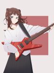  1girl bang_dream! bangs black_eyes black_skirt brown_hair electric_guitar guitar highres holding holding_instrument instrument long_hair long_sleeves shirt skirt solo toyama_kasumi upper_body white_shirt yasou0049 