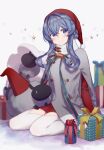  1girl animal bangs blue_eyes blue_hair blush box christmas closed_mouth commentary_request eyebrows_visible_through_hair gift gift_box gloves gotland_(kantai_collection) grey_background gudrn hair_between_eyes hair_bun hat highres kantai_collection long_hair long_ribbon long_sleeves looking_at_viewer mole mole_under_eye red_headwear robe sack santa_costume santa_hat sheep sitting smile solo starry_background thigh-highs wariza 