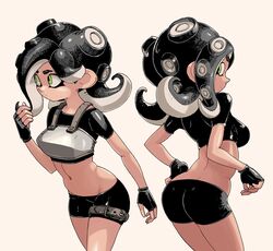  1girl black_gloves black_hair black_shirt black_shorts breasts cowboy_shot fingerless_gloves gloves green_eyes hand_up long_hair medium_breasts midriff multiple_views navel octarian octoling shirt short_shorts short_sleeves shorts splatoon_(series) suction_cups tan_background tentacle_hair yuta_agc 