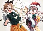  2girls akigumo_(kantai_collection) ball bow bowtie brown_hair closed_eyes commentary_request double_bun glasses green_sweater hair_ribbon halterneck kantai_collection long_hair long_sleeves makigumo_(kantai_collection) mizuki_kyou multiple_girls official_alternate_costume opaque_glasses pink_hair ponytail remodel_(kantai_collection) ribbon shirt sleeves_past_fingers sleeves_past_wrists sweater tears thigh-highs throwing twintails white_shirt 