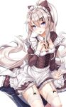 1girl 9a-91_(girls_frontline) absurdres blue_eyes boots breasts girls_frontline hair_ornament hairclip hand_on_own_chest highres long_hair looking_at_viewer maid maid_headdress open_mouth silver_hair skindentation small_breasts so_myeolchi solo thigh-highs thigh_boots very_long_hair white_background 