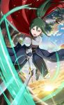  1girl armor armored_boots black_footwear black_gloves blue_pants boots breastplate cape crusch_karsten floating_hair gloves green_hair hair_between_eyes highres holding holding_sword holding_weapon long_hair looking_at_viewer official_art pants ponytail re:zero_kara_hajimeru_isekai_seikatsu red_cape shoulder_armor solo sword thigh-highs thigh_boots v-shaped_eyebrows weapon 