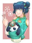  1girl 3710_asagi_(timeeeeeez) black_hair china_dress chinese_clothes dress earrings green_nails highres holding holding_stuffed_toy jewelry long_sleeves original short_hair simple_background stuffed_animal stuffed_panda stuffed_toy twitter_username upper_body v yellow_eyes yin_yang 