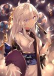  1girl azur_lane belfast_(azur_lane) black_choker braid choker closed_fan eyebrows_visible_through_hair fan folding_fan gloves hair_between_eyes highres holding holding_fan japanese_clothes kimono looking_at_viewer solo vayneeeee violet_eyes white_gloves white_hair white_kimono 