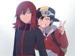  2boys backwards_hat bangs baseball_cap black_hair black_shirt clenched_teeth closed_mouth ethan_(pokemon) goggles goggles_on_headwear grey_eyes hair_between_eyes hand_on_another&#039;s_shoulder hat long_sleeves looking_at_viewer male_focus multiple_boys orange_eyes oshi_taberu pokemon pokemon_adventures redhead shirt silver_(pokemon) smile teeth v 