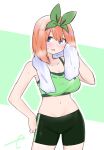  1girl :d bangs bare_arms bare_shoulders bike_shorts blue_eyes blush collarbone commentary_request crop_top eyebrows_behind_hair go-toubun_no_hanayome green_background green_shorts hair_between_eyes highres kujou_karasuma looking_at_viewer midriff nakano_yotsuba navel open_mouth orange_hair short_shorts shorts signature smile solo standing sweat towel towel_around_neck two-tone_background white_background 