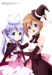  2girls :d absurdres back_bow bangs bare_shoulders black_neckwear blue_eyes blue_hair bow bridal_gauntlets brown_dress candy cape choker closed_mouth cowboy_shot dress eyebrows_visible_through_hair flower food gochuumon_wa_usagi_desu_ka? hair_ornament hair_ribbon hand_on_another&#039;s_shoulder hat hat_flower hat_ribbon highres holding holding_candy holding_food hoto_cocoa kafuu_chino katou_hiromasa looking_at_viewer magazine_scan medium_hair megami_magazine multiple_girls official_art open_mouth orange_hair phantom_thief_lapin pink_dress pink_vest rabbit ribbon scan sidelocks simple_background smile standing tippy_(gochiusa) twintails vest violet_eyes white_background witch witch_hat x_hair_ornament 