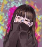  1girl bangs blunt_bangs blurry blurry_background brown_eyes brown_hair brown_sweater covering_mouth hands_on_own_face hands_up highres long_hair long_sleeves looking_at_viewer multicolored multicolored_nails original sleeves_past_wrists solo sweater upper_body yoshima34 