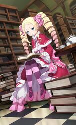  1girl bangs beatrice_(re:zero) blonde_hair blue_eyes book book_on_lap bow capelet checkered checkered_floor closed_mouth crown dress drill_hair dutch_angle floating_hair fur-trimmed_capelet fur_trim gradient_hair hair_bow heart heart-shaped_pupils highres library long_hair long_sleeves looking_down mini_crown multicolored_hair neck_ribbon official_art open_book pantyhose parted_bangs pink_bow pink_footwear pink_hair pink_ribbon pumps re:zero_kara_hajimeru_isekai_seikatsu reading red_capelet red_dress ribbon sitting solo striped striped_bow striped_legwear symbol-shaped_pupils twin_drills twintails very_long_hair 