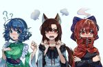 3girls =3 ? animal_ear_fluff animal_ears bangs bare_shoulders blue_bow blue_eyes blue_hair blush bow brooch brown_hair clenched_hand commentary_request creeper_(gametime) crossed_arms drill_hair eyebrows_visible_through_hair fangs fingernails grass_root_youkai_network hair_bow hand_on_own_chest head_fins high_collar highres imaizumi_kagerou jewelry light_blue_background looking_at_viewer looking_away multiple_girls nail_polish open_mouth parted_bangs red_eyes red_nails redhead ribbon ribbon-trimmed_bow sekibanki sharp_fingernails simple_background slit_pupils steaming_body sweatdrop tail tears touhou twin_drills wakasagihime wide_sleeves wolf_ears wolf_tail zipper 