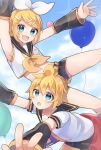  1boy 1girl akikan_sabago anniversary arm_warmers balloon bangs bare_shoulders bass_clef black_collar black_shorts blonde_hair blue_eyes blue_sky bow clouds collar commentary crop_top falling fang hair_bow hair_ornament hairclip highres kagamine_len kagamine_rin looking_at_viewer neckerchief necktie open_mouth outstretched_arms sailor_collar school_uniform shirt short_hair short_ponytail short_shorts short_sleeves shorts skin_fang sky sleeveless sleeveless_shirt smile spiky_hair swept_bangs treble_clef vocaloid white_bow white_shirt yellow_neckwear 