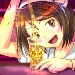 1girl alcohol apple apple_slice brown_eyes brown_hair cup dateless_bar_&quot;old_adam&quot; drink english_text food fruit head_only headband highres holding holding_cup minus_(sr_mineka) no_hat no_headwear pouring shirt short_hair torso_only touhou usami_renko white_shirt 