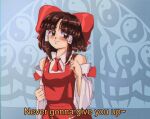  1990s_(style) 1girl adapted_costume ascot bangs blunt_bangs blush bow brown_eyes brown_hair collared_shirt commentary detached_sleeves dress english_commentary english_text frilled_shirt_collar frills hair_bow hair_tubes hakurei_reimu hand_up looking_away making-of_available music never_gonna_give_you_up parted_bangs red_bow red_dress red_neckwear red_ribbon ribbon ribbon-trimmed_dress ribbon-trimmed_sleeves ribbon_trim shirt short_hair sidelocks singing smile solo step_arts touhou upper_body wide_sleeves yin_yang yin_yang_print 