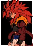  1boy bangs brown_fur closed_mouth dragon_ball dragon_ball_gt from_side fusion_dance gogeta highres looking_at_viewer metamoran_vest monkey_boy monkey_tail pants parted_lips profile redhead relio_db318 simple_background smile solo spiky_hair standing super_saiyan super_saiyan_4 tail white_pants 