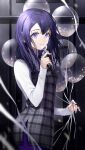 1girl absurdres balloon blurry closed_mouth dress eyebrows_behind_hair highres holding holding_balloon long_sleeves original plaid plaid_dress purple_dress purple_hair purple_theme shirt smile sogawa solo tearing_up turtleneck violet_eyes white_shirt 