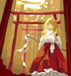  1girl alternate_costume bangs blonde_hair bow closed_mouth commentary_request feet_out_of_frame gohei hair_between_eyes hair_bow hair_ribbon highres holding holding_stick japanese_clothes kaigen_1025 kirisame_marisa long_hair long_sleeves looking_at_viewer miko petticoat red_skirt ribbon skirt solo stick torii touhou tress_ribbon wavy_hair white_bow white_headwear white_robe yellow_eyes 