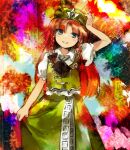  1girl abstract_background bangs beret black_bow black_neckwear blue_eyes bow braid china_dress chinese_clothes commentary_request cowboy_shot cravat dress eyebrows_behind_hair green_dress green_headwear grin hair_bow hair_ribbon hand_on_headwear hand_up hat hat_ornament highres hong_meiling kaigen_1025 long_hair looking_at_viewer parted_bangs redhead ribbon side_braids skirt_grab smile solo star_(symbol) star_hat_ornament touhou tress_ribbon twin_braids 