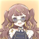  1girl anya_melfissa blonde_hair breasts collarbone detached_sleeves fangs hololive hololive_indonesia looking_to_the_side medium_breasts multicolored_hair open_mouth round_eyewear solo streaked_hair sunglasses tamura13 two_side_up violet_eyes virtual_youtuber yellow_background 