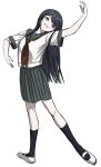  1girl ballet black_legwear blue_eyes blue_hair blush dangan_ronpa:_trigger_happy_havoc dangan_ronpa_(series) flats grin hair_ornament hairclip highres kneehighs long_hair maizono_sayaka neckerchief pleated_skirt pose red_neckwear renshu_usodayo sailor_collar school_uniform serafuku short_sleeves simple_background skirt smile solo white_background 