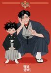  2boys bangs black_hair black_kimono blue_eyes closed_mouth father_and_son full_body fushiguro_megumi fushiguro_touji grin hair_between_eyes hakama head_rest highres japanese_clothes jujutsu_kaisen kimono li_chestnuts long_sleeves looking_at_viewer multiple_boys red_background sandals scar scar_on_face short_hair simple_background smile spiky_hair squatting tabi v wide_sleeves younger 