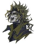  10den 1boy blonde_hair collarbone covered_collarbone dio_brando earrings face fangs glint headband heart highres jewelry jojo_no_kimyou_na_bouken male_focus open_mouth simple_background sketch smile solo spiky_hair tongue turtleneck upper_body vampire white_background yellow_eyes 