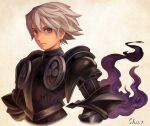  1boy armor artist_name bangs black_armor closed_mouth cropped_jacket heterochromia highres male_focus odin_sphere oswald_(odin_sphere) red_eyes sho.t silver_hair simple_background solo upper_body violet_eyes 