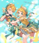  1boy 1girl anniversary aqua_eyes beret blonde_hair blue_sky blurry_foreground collar commentary cowboy_shot day english_commentary falling_petals finger_to_mouth flower frilled_skirt frills grin hair_ornament hairclip half-closed_eyes hat heart heart_hair_ornament heart_print kagamine_len kagamine_rin looking_at_viewer petals plaid plaid_shorts plaid_skirt sailor_collar shinotarou_(nagunaguex) shirt short_hair shorts skirt sky smile spiky_hair triangle vocaloid white_collar white_headwear wristband x_hair_ornament yellow_flower yellow_shirt yellow_skirt 