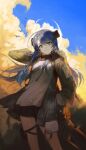  1girl arknights blue_eyes blue_hair clouds cloudy_sky coat demon_horns halo highres horns long_hair looking_at_viewer mostima_(arknights) shirt shorts sky solo soyoong_jun standing wings 