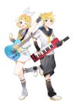  1boy 1girl absurdres arm_up arm_warmers bangs bare_shoulders black_collar black_shorts blonde_hair blue_eyes bow collar commentary crop_top electric_guitar fortissimo full_body grey_collar grey_sleeves grin guitar hair_bow hair_ornament hairclip headphones heart highres holding holding_instrument instrument kagamine_len kagamine_len_(vocaloid4) kagamine_rin kagamine_rin_(vocaloid4) keytar leg_warmers looking_at_viewer miniskirt music nail_polish neckerchief necktie official_art omutatsu one_eye_closed open_mouth outstretched_arm playing_instrument pleated_skirt sailor_collar school_uniform see-through_sleeves shirt short_hair short_ponytail short_sleeves shorts skirt sleeveless sleeveless_shirt smile spiky_hair standing star_(symbol) star_hair_ornament suspenders swept_bangs v4x vocaloid vocaloid_boxart_pose white_background white_bow white_footwear white_shirt white_skirt yellow_nails yellow_neckwear 