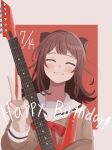  1girl absurdres bang_dream! blush brown_hair brown_shirt closed_eyes dated electric_guitar guitar hand_up happy_birthday highres instrument long_hair long_sleeves parted_lips red_neckwear sailor_collar shirt smile solo toyama_kasumi upper_body v white_sailor_collar yasou0049 