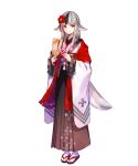  1girl animal_ears bangs black_hair fire_emblem fire_emblem_fates fire_emblem_heroes full_body fuzichoco grey_hair highres japanese_clothes kimono multicolored_hair official_art sandals solo tabi tail transparent_background velouria_(fire_emblem) white_legwear wolf_ears wolf_tail 