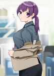  1girl black_skirt blue_shirt blurry blurry_background closed_mouth collared_shirt desk doushimasho highres indoors jacket long_hair long_sleeves looking_at_viewer office office_lady original pencil_skirt ponytail purple_hair shelf shirt skirt solo standing surprised violet_eyes 