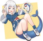  1girl 1ssakawaguchi abstract_background absurdres bloop_(gawr_gura) blue_eyes blue_hair blush claw_pose fish_tail gawr_gura highres hololive hololive_english multicolored_hair nail_polish shark shark_tail sharp_teeth square tail teeth virtual_youtuber white_hair 