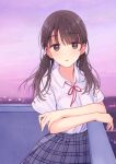  1girl blurry blurry_background brown_eyes brown_hair city_lights clouds collared_shirt long_hair looking_at_viewer nagidango open_mouth original plaid plaid_skirt red_neckwear rooftop school_uniform shirt short_sleeves skirt sky solo standing sunset twintails uniform white_shirt 