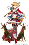  1girl ahoge ainy animal antlers blonde_hair boots candy candy_cane capelet chiba_karin christmas closed_mouth collarbone crop_top detached_collar dog food full_body fur_trim garter_straps grey_legwear hand_on_hip highres holding long_hair looking_at_viewer mahjong_hime midriff miniskirt navel official_art one_side_up red_footwear red_shirt red_skirt reindeer_antlers rottweiler sack shirt simple_background skirt smile solo standing stomach thigh-highs v-shaped_eyebrows very_long_hair white_background wrist_cuffs yellow_eyes zettai_ryouiki 