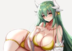  1girl bikini blush breasts closed_mouth collarbone commentary dragon_girl dragon_horns eyebrows_visible_through_hair fate/grand_order fate_(series) grey_background hair_between_eyes highres horns kiyohime_(fate/grand_order) kuro_(tbm9187) large_breasts leg_garter long_hair looking_at_viewer lying multiple_horns on_side simple_background skindentation smile swimsuit thighs wrist_cuffs yellow_bikini yellow_eyes 