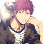  1boy akashi_seijuurou animal animal_on_shoulder bangs blue_eyes brown_jacket buttons casual cat cat_on_shoulder collarbone commentary_request gradient gradient_background grey_background hand_on_own_cheek hand_on_own_face hand_up jacket kuroko_no_basuke lens_flare looking_at_another looking_to_the_side male_focus mashima_shima open_clothes open_jacket parted_lips red_eyes redhead shirt short_hair simple_background smile solo striped striped_shirt twitter_username upper_body white_shirt 