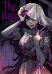  1girl bangs black_hair blood blood_on_face bloody_clothes bonesaw breasts commentary_request cosplay cowboy_shot dangan_ronpa_(series) dangan_ronpa_2:_goodbye_despair doggye_(zginrwsn) hands_up highres holding holding_weapon knife large_breasts long_hair long_sleeves looking_at_viewer nurse one_eye_covered open_mouth purple_hair saw smile solo the_nurse_(dead_by_daylight) the_nurse_(dead_by_daylight)_(cosplay) tsumiki_mikan upper_teeth very_long_hair violet_eyes weapon 