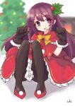  1girl :d absurdres bangs black_gloves black_legwear blurry blurry_background blush bow capelet christmas christmas_ornaments christmas_tree commentary_request depth_of_field dress eyebrows_visible_through_hair frilled_dress frills full_body fur-trimmed_gloves fur_trim gloves hair_between_eyes hair_ornament hands_up highres holly_hair_ornament ichi kantai_collection kisaragi_(kantai_collection) knees_up long_hair open_mouth pantyhose purple_hair red_capelet red_dress red_footwear shoes signature sitting smile solo very_long_hair violet_eyes yellow_bow 