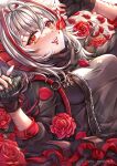  1girl :d arknights black_gloves black_jacket fingerless_gloves flower gloves grey_shirt highres holding holding_grenade jacket long_hair looking_at_viewer lying nail_polish on_back open_clothes open_jacket open_mouth orange_eyes petals red_flower red_nails red_rose rose shirt silver_hair slit_pupils smile solo tamaso twitter_username upper_body w_(arknights) 