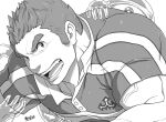  1boy greyscale gunzo_(tokyo_houkago_summoners) hijirino_yuuta looking_at_viewer male_focus monochrome muscular muscular_male open_mouth pectorals rugby_uniform short_hair sideburns solo sportswear teeth thick_eyebrows tokyo_houkago_summoners upper_body 