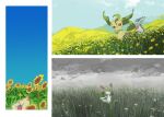  1girl apios1 bag bangs blue_sky brown_sclera child closed_eyes closed_mouth clouds cloudy_sky colored_skin commentary cutiefly day field flower flower_field flower_wreath from_side full_body gen_1_pokemon gen_2_pokemon gen_4_pokemon gen_7_pokemon grass green_hair green_skin hair_over_one_eye happy highres leafeon looking_up medium_hair mountainous_horizon multicolored multicolored_skin multiple_views no_mouth outdoors path pokemon pokemon_(creature) road sitting sky standing sunflora sunflower two-tone_skin vaporeon white_eyes white_flower white_skin yellow_flower 